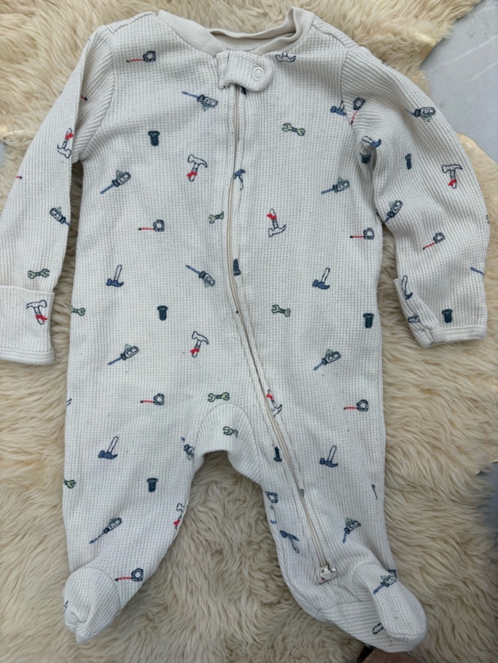 Carters Baby One-Piece Footed Sleeper - White with Tool Print